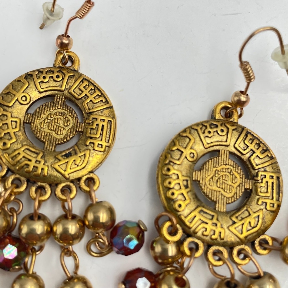 Vintage 90s Gold Tone Aztec Sun Dangle Earrings Iridescent Glass Chandelier Boho - Picture 3 of 6
